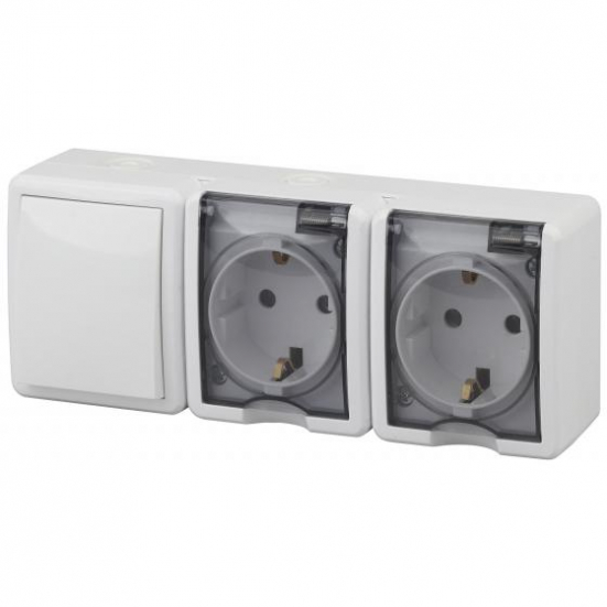 11-7403-01 ЭРА Блок две розетки+выключатель IP54, 16A(10AX)-250В, ОУ, Эра Эксперт, белый