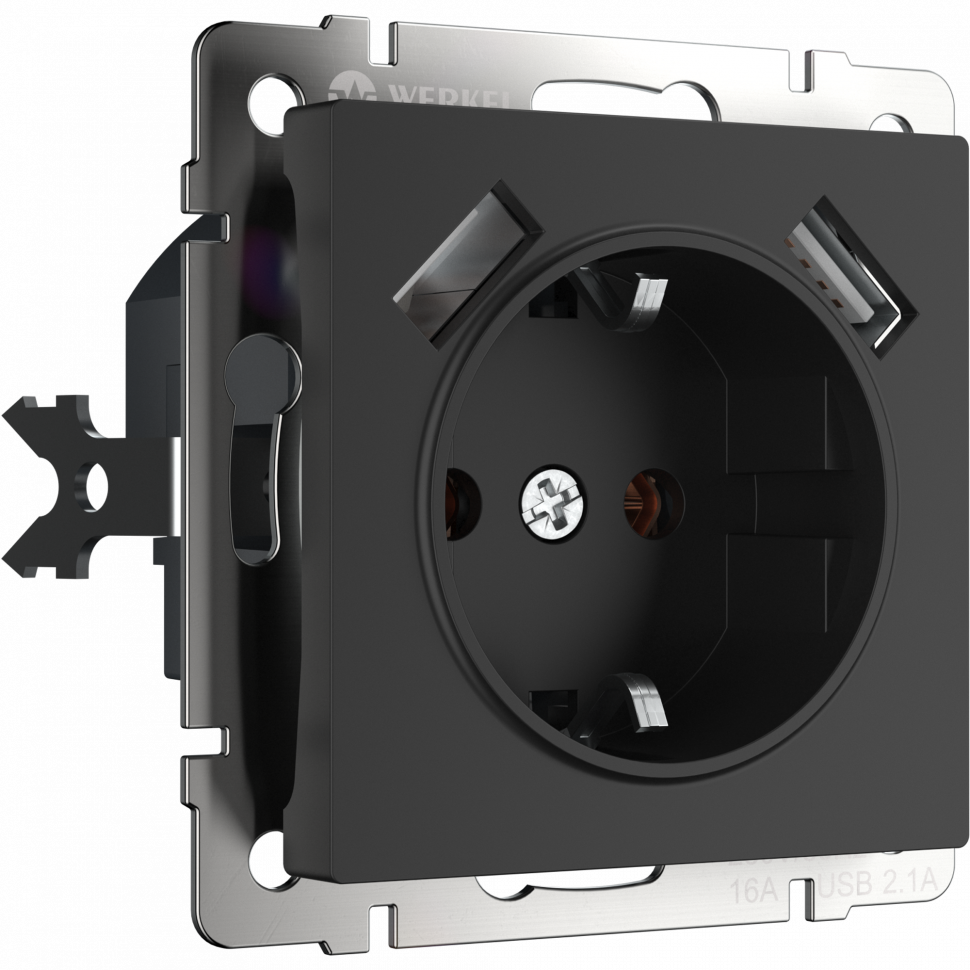 Розетка с заземлением, шторками и USB х2 / W1171508 Werkel черная Розетка с заземлением, шторками и USB х2 / W1171508 Werkel черная