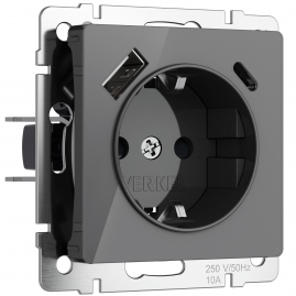 Розетка с заземлением, шторками и USB тип A+C W1171744 Графит акрил