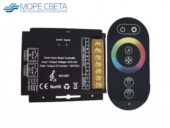 Аудиоконтроллер LED-TOUCH-Music (RGB+CCT, 12-24V, 50A, 600-1200W, Пду RF, Черный)
